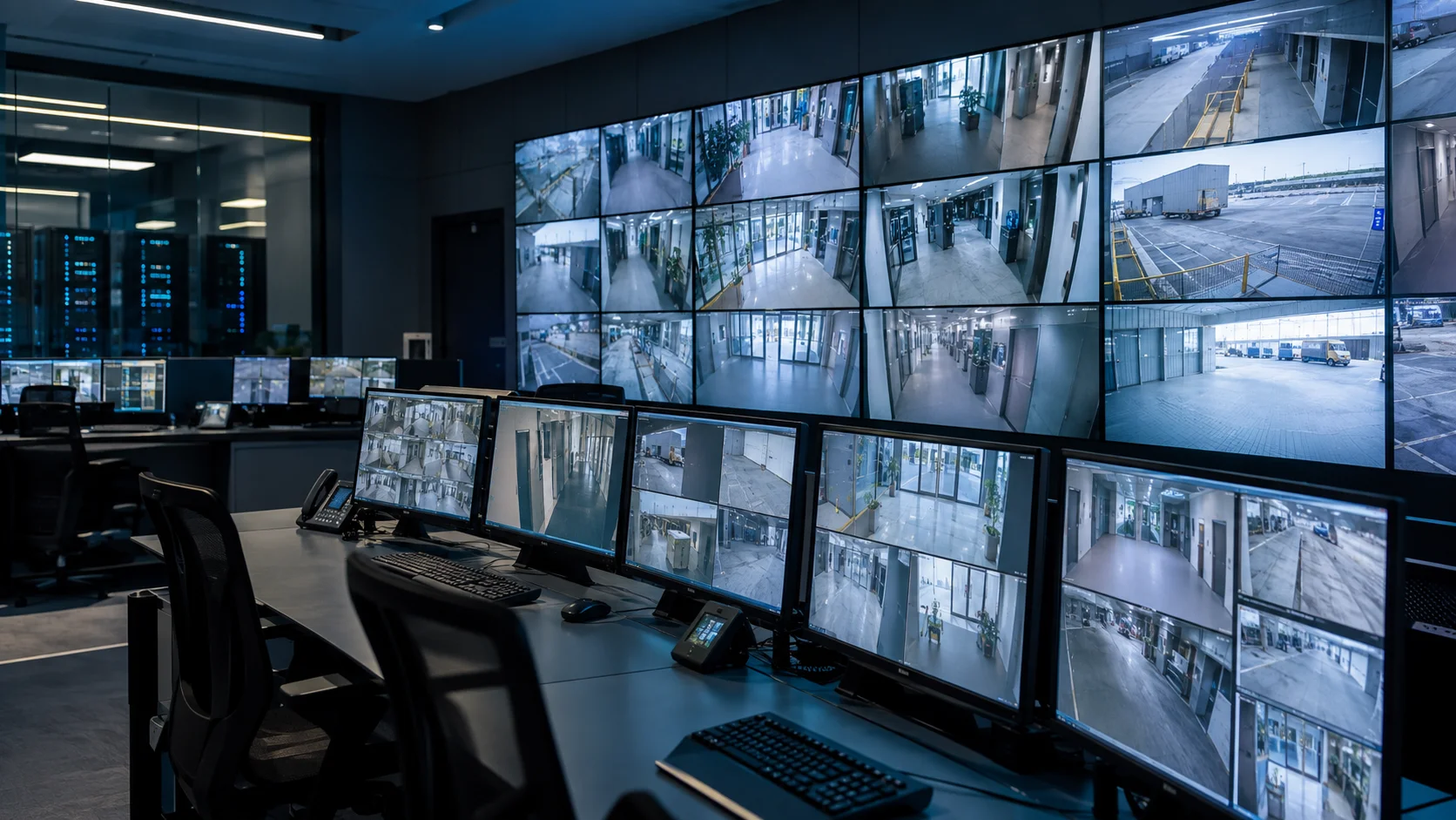 Salle de supervision et écrans de vidéosurveillance — illustration